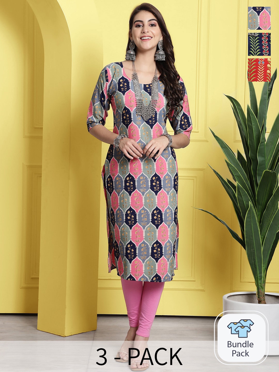 

7Threads Pack Of 4 Floral Printed Straight Kurta, Grey