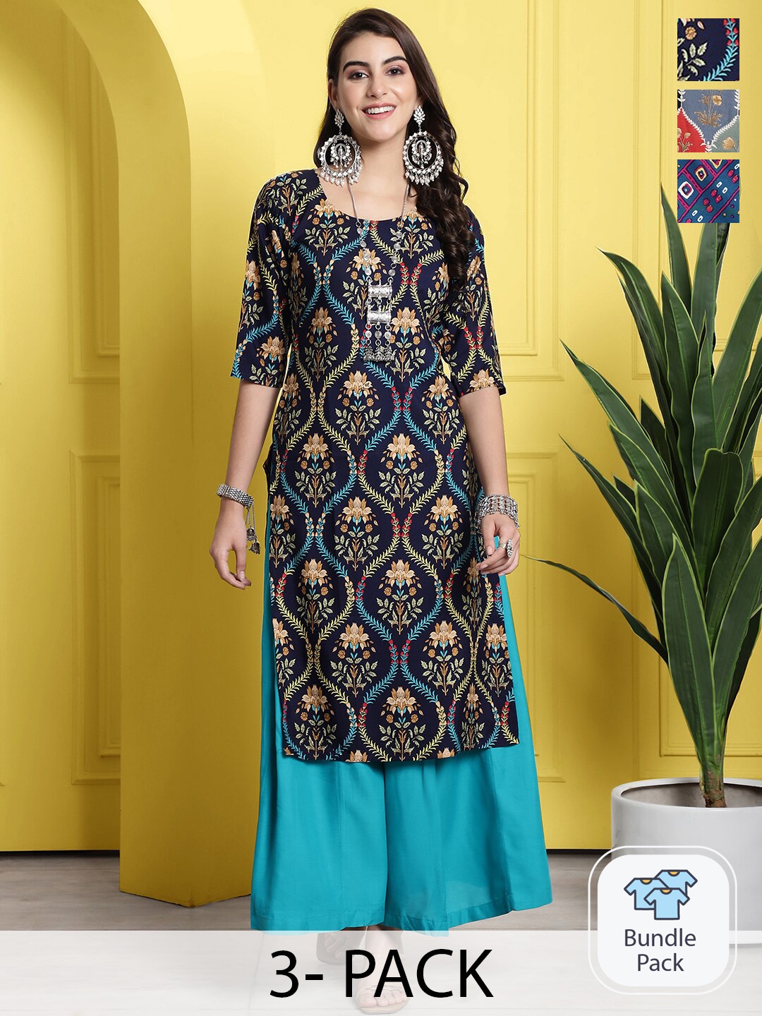 

7Threads Selection Of 4 Ethnic Motifs Printed Straight Kurta, Navy blue