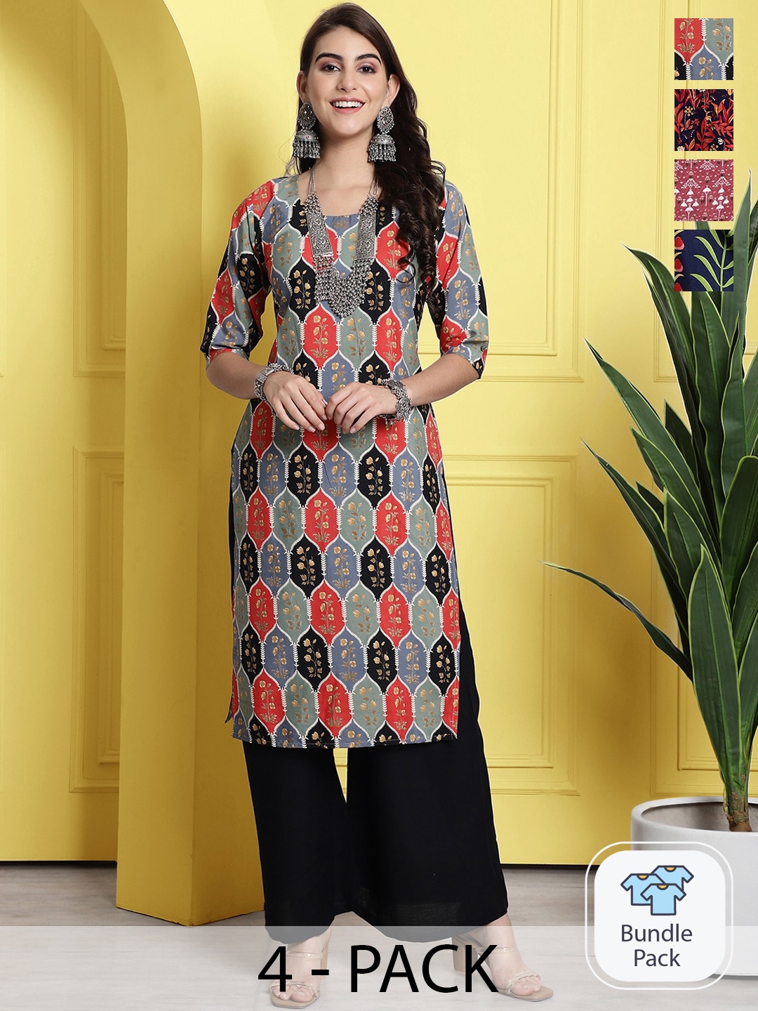 

7Threads Selection Of 4 Ethnic Motifs Printed Straight Kurta, Black