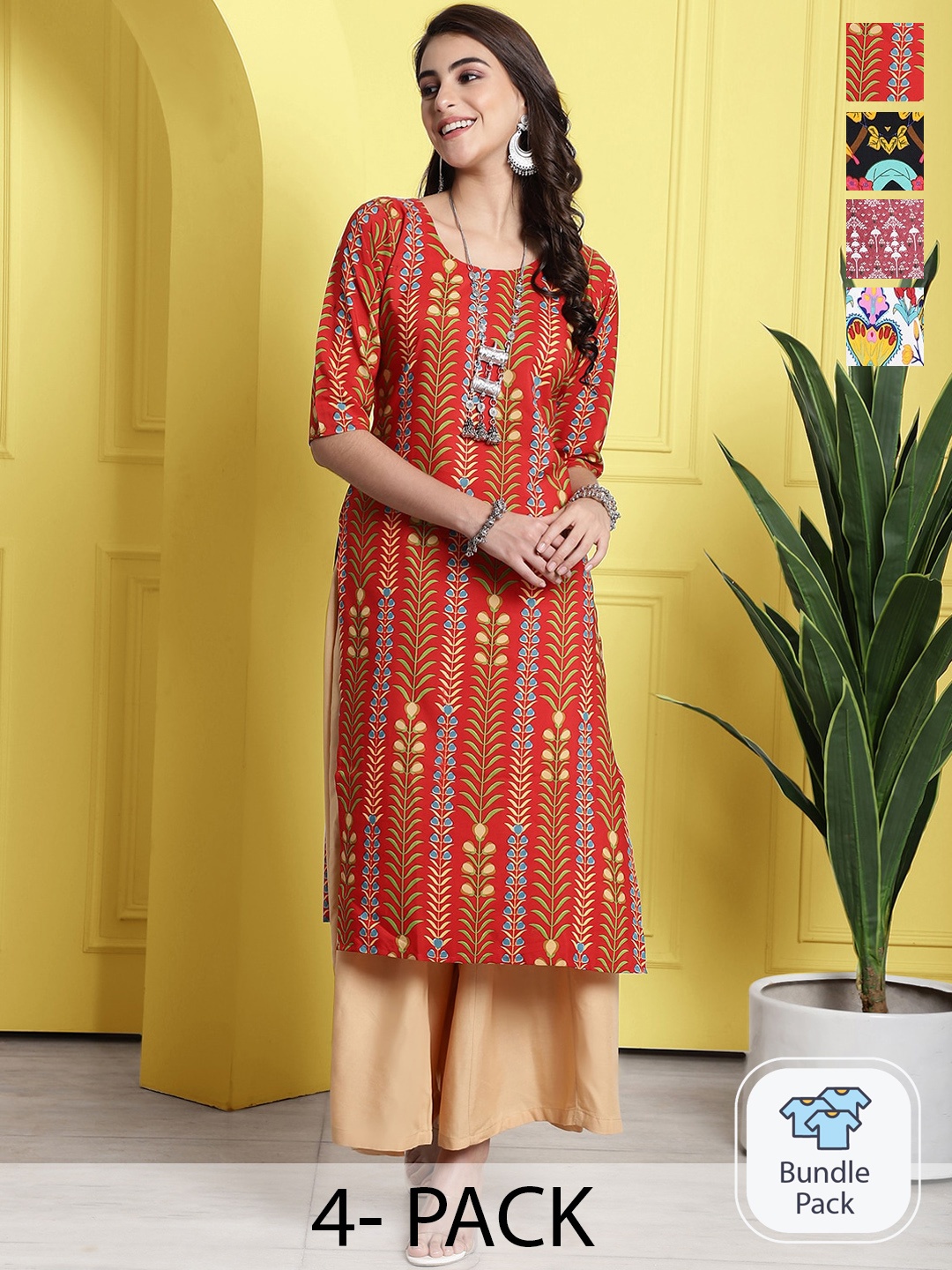 

7Threads Selection Of 4 Ethnic Motifs Printed Straight Kurta, Multi