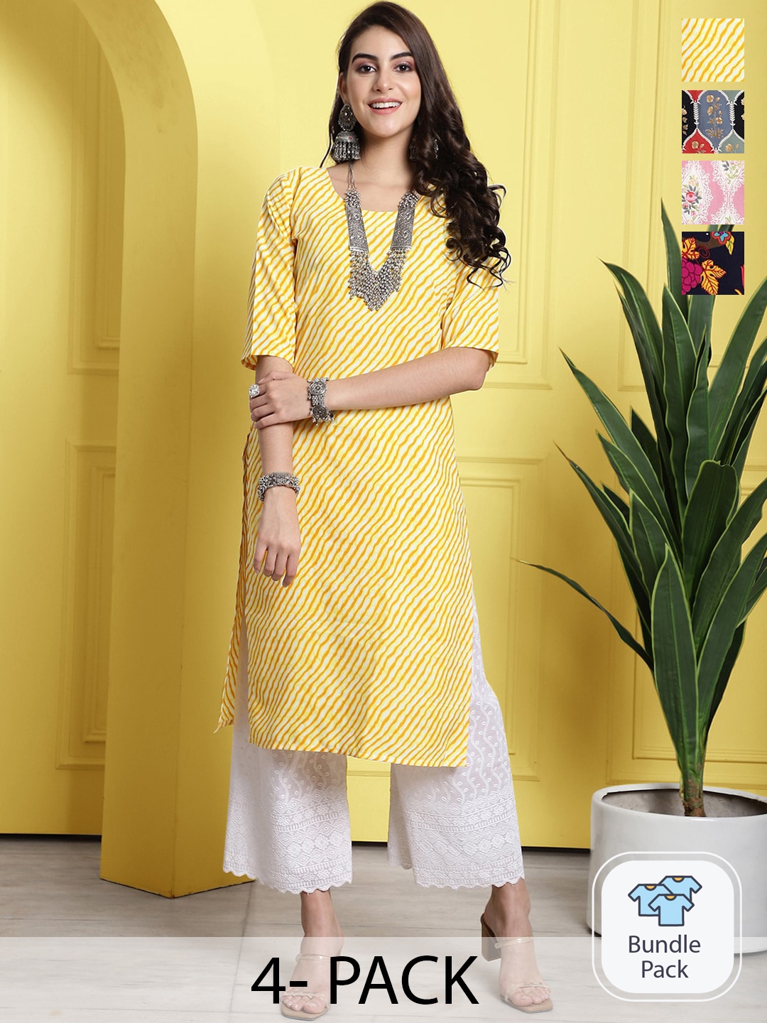 

7Threads Pack Of 4 Floral Printed Straight Kurta, Yellow