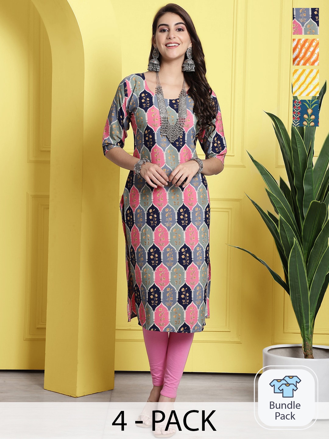 

7Threads Selection Of 4 Ethnic Motifs Printed Round Neck Crepe Straight Kurta, Pink