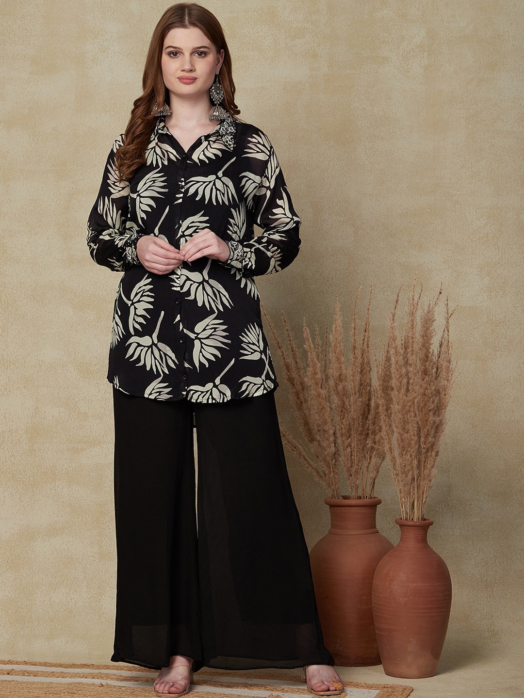 

FASHOR Floral Printed Shirt Collar Shirt With Palazzo, Black