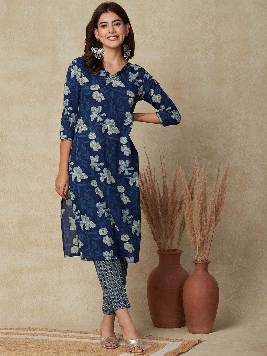 

FASHOR Floral Printed Pure Cotton Kurta With Trousers, Blue