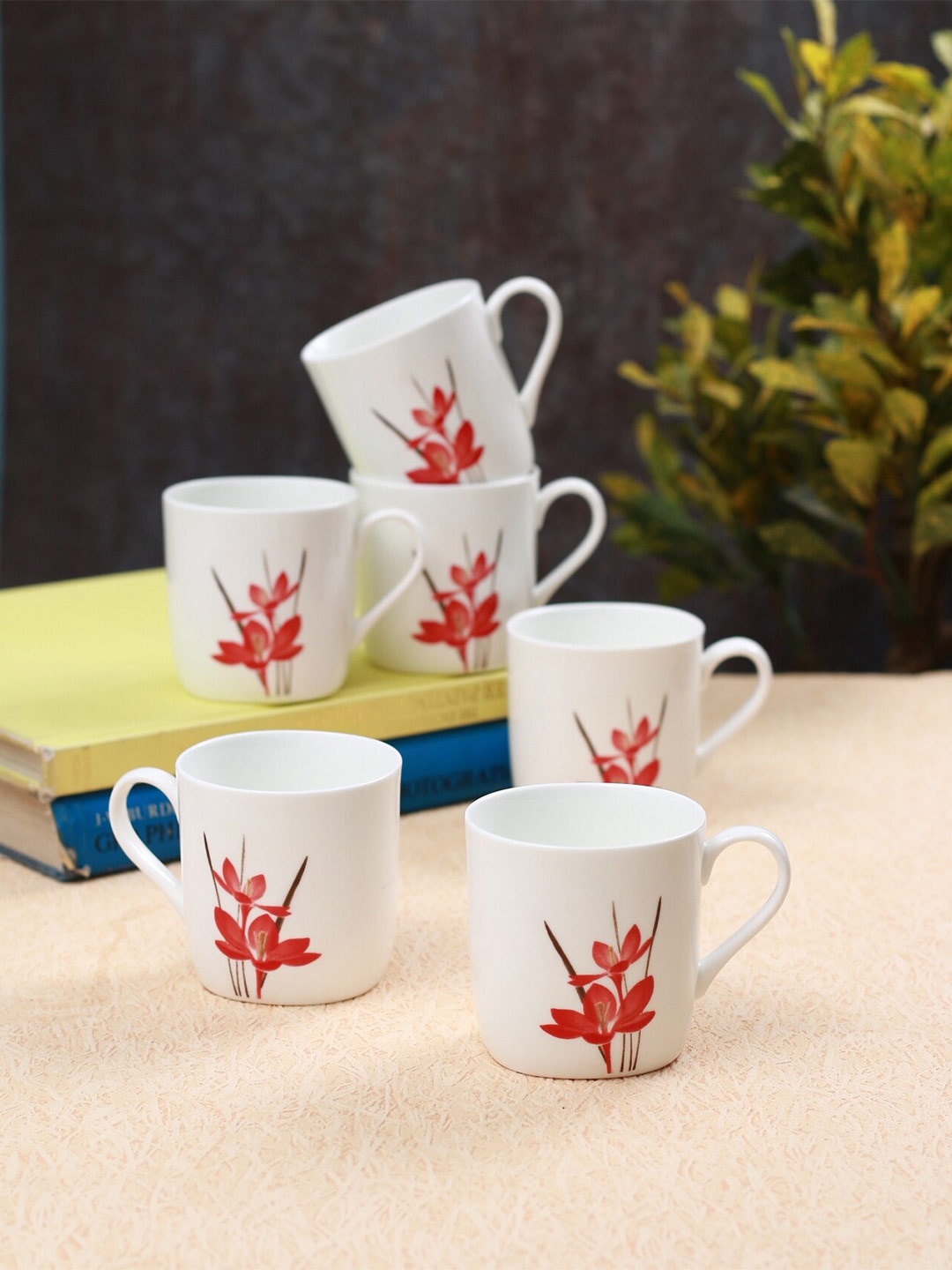 

CLAY CRAFT White & Red 6 Pieces Floral Printed Ceramic Glossy Cups 180 ML Each