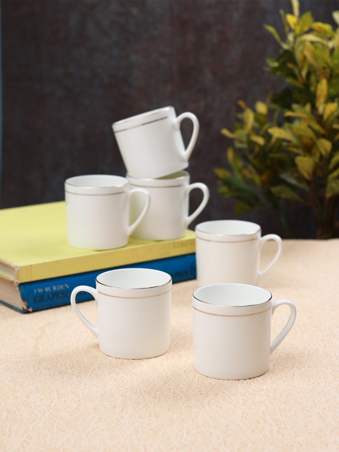 

CLAY CRAFT White 6 Pieces Printed Premium Glossy Ceramic Cups 180 ml Each