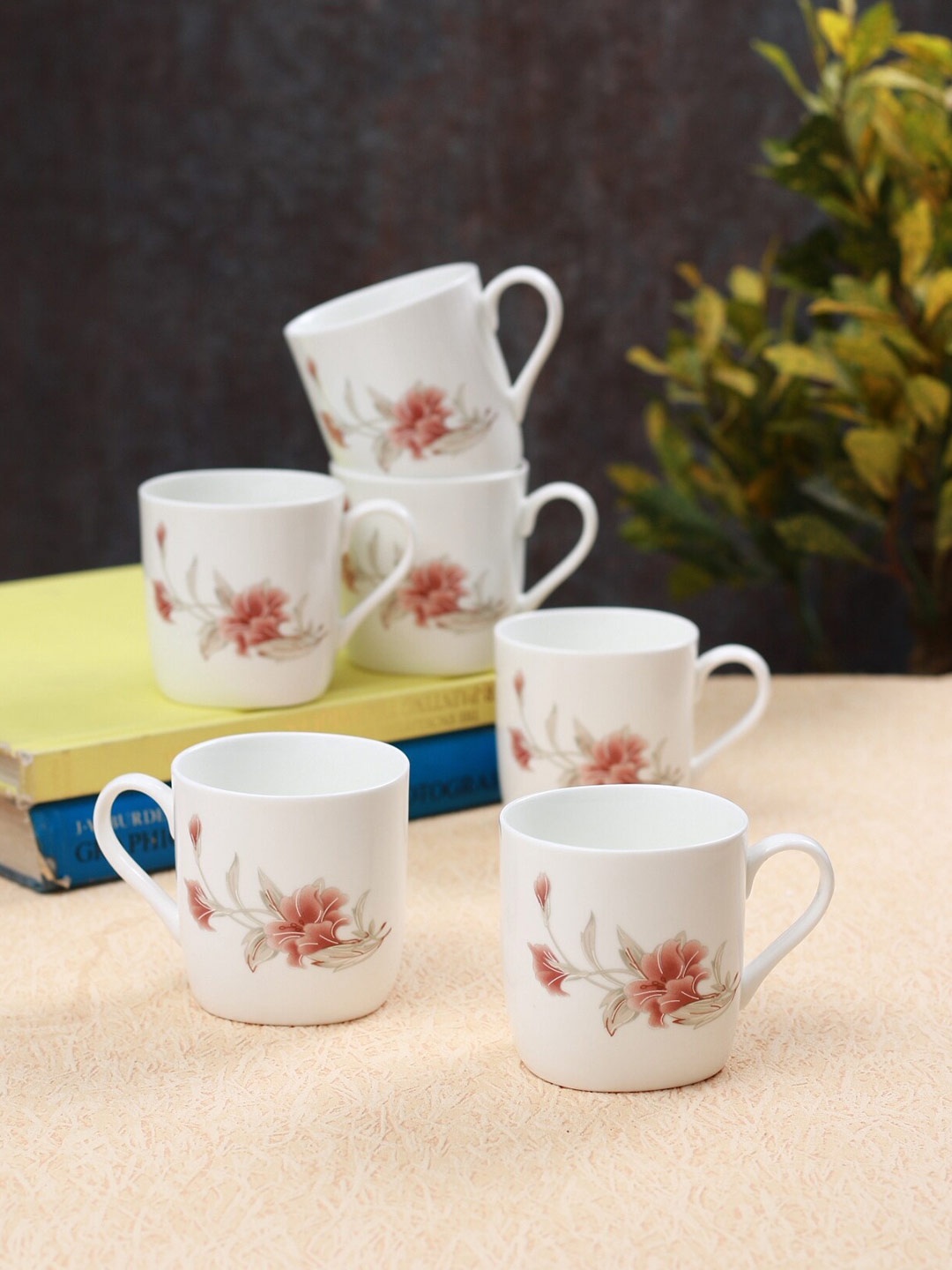 

CLAY CRAFT White & Pink 6 Pcs Floral Printed Ceramic Glossy Cups 180ml each