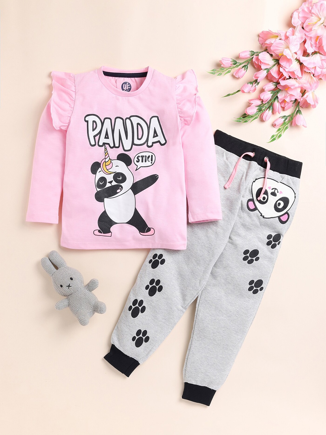 

YK Girls Graphic Printed Round Neck Pure Cotton T-shirts with Trousers, Pink