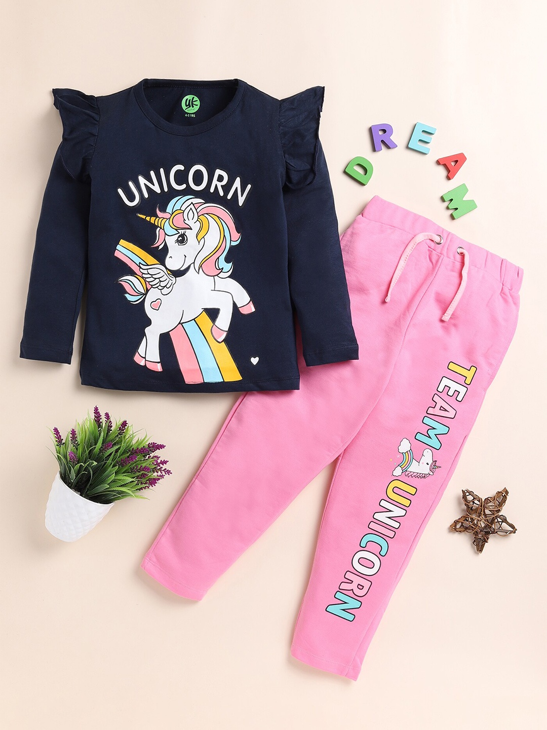 

YK Graphic Unicorn Printed Pure Cotton T-shirts with Trousers, Navy blue