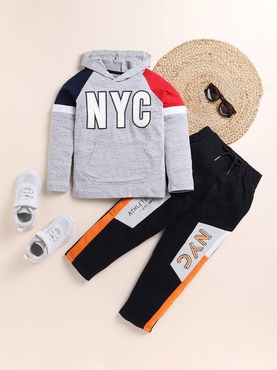 

YK Boys Typography Printed Hooded Pure Cotton Sweatshirts with Trousers, Grey