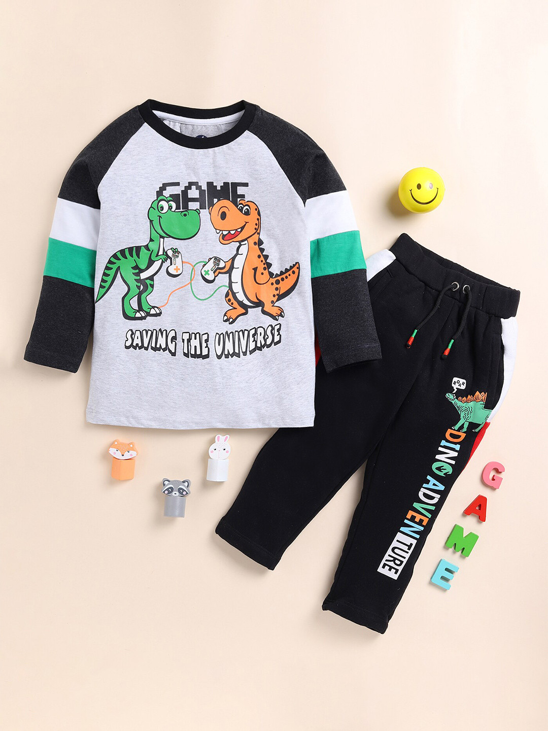 

YK Boys Graphic Printed Pure Cotton T-shirts with Trousers, Grey melange