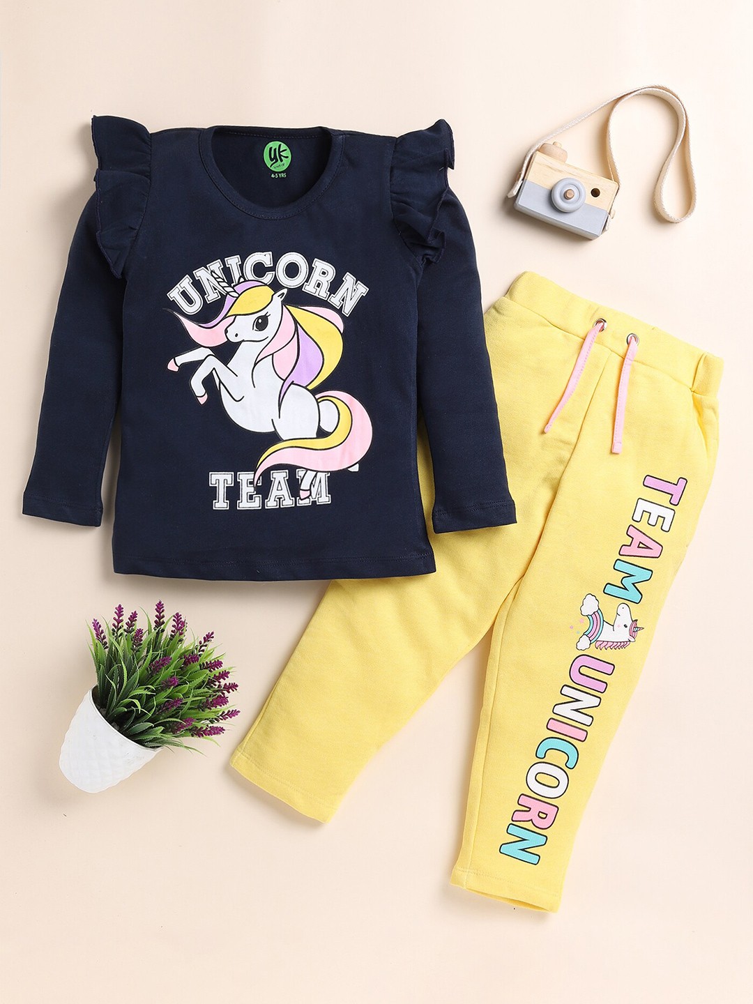 

YK Girls Printed Pure Cotton Top With Trousers, Navy blue
