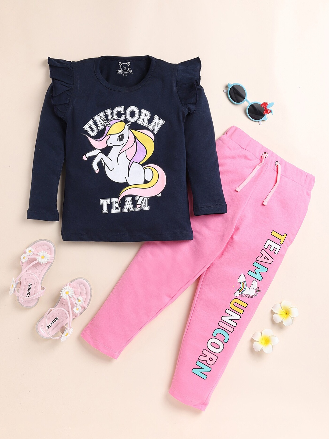 

YK Girls Printed Pure Cotton Top With Trousers, Navy blue