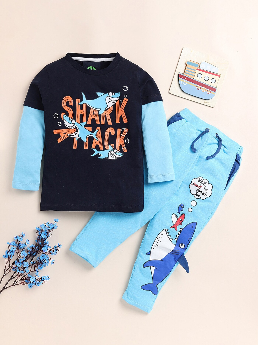 

YK Boys Printed Round Neck Long Sleeves Pure Cotton T-shirts with Trousers, Blue
