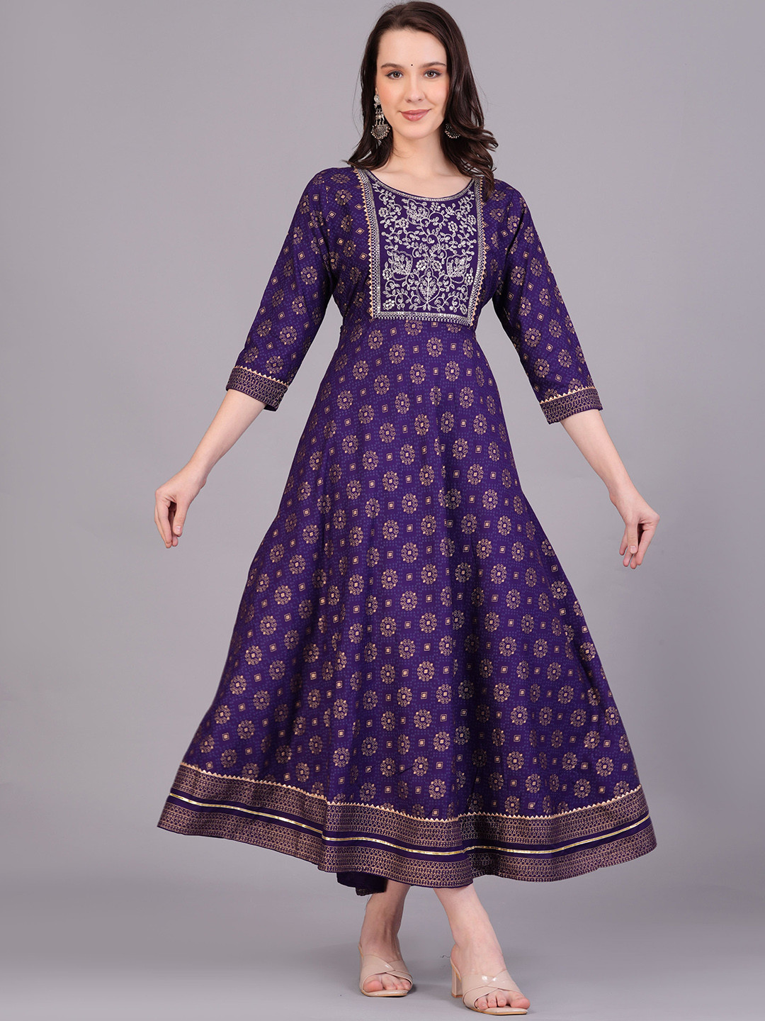 

KALINI Ethnic Motifs Printed Emboriedried Fit and Flare Maxi Ethnic Dresses, Navy blue