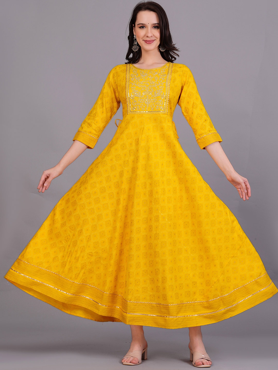 

KALINI Ethnic Motifs Printed Emboriedried Fit and Flare Maxi Ethnic Dresses, Yellow