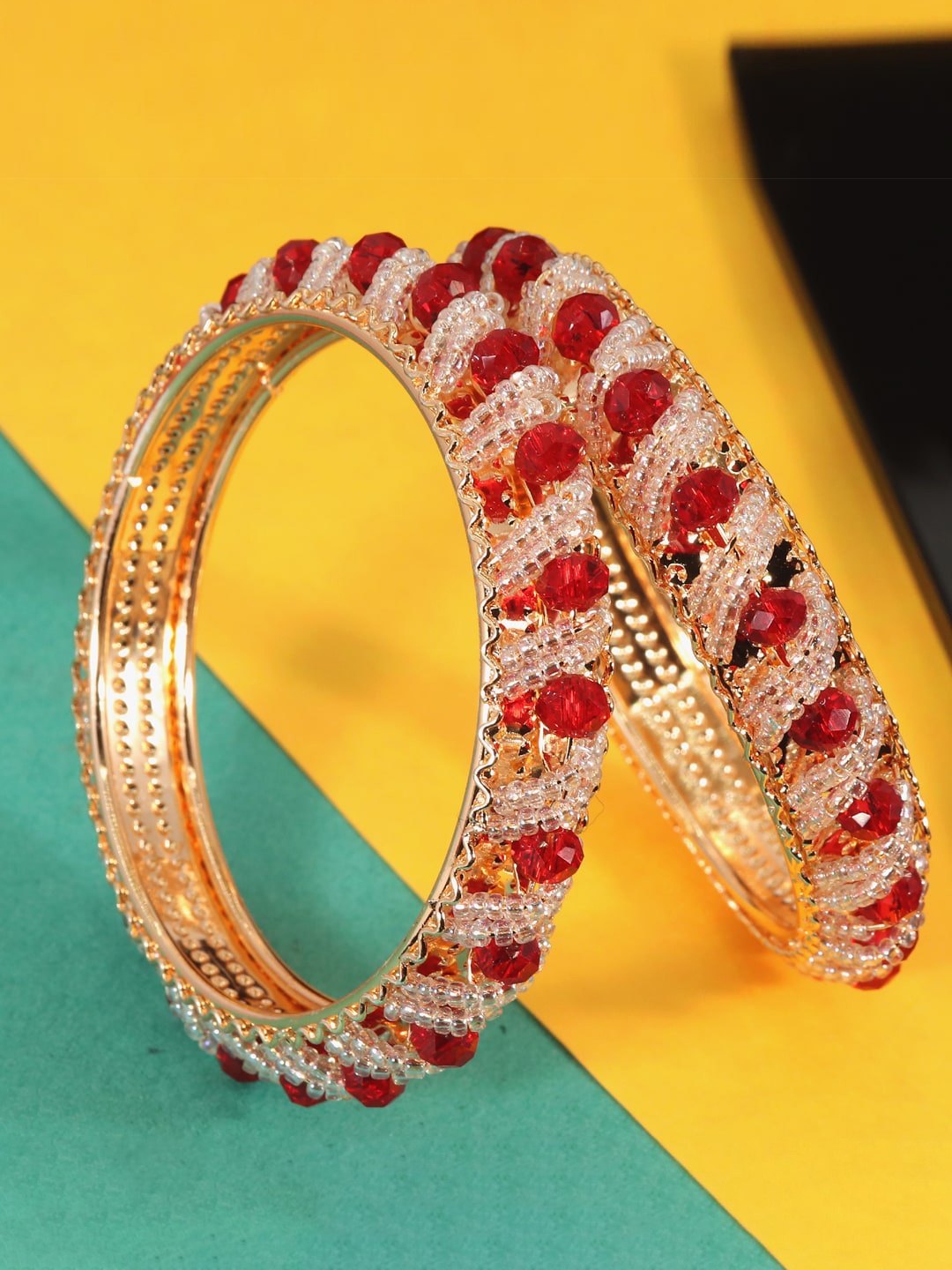 

NMII Set Of 2 Gold-Plated Pearls-Beaded Bangles, Red