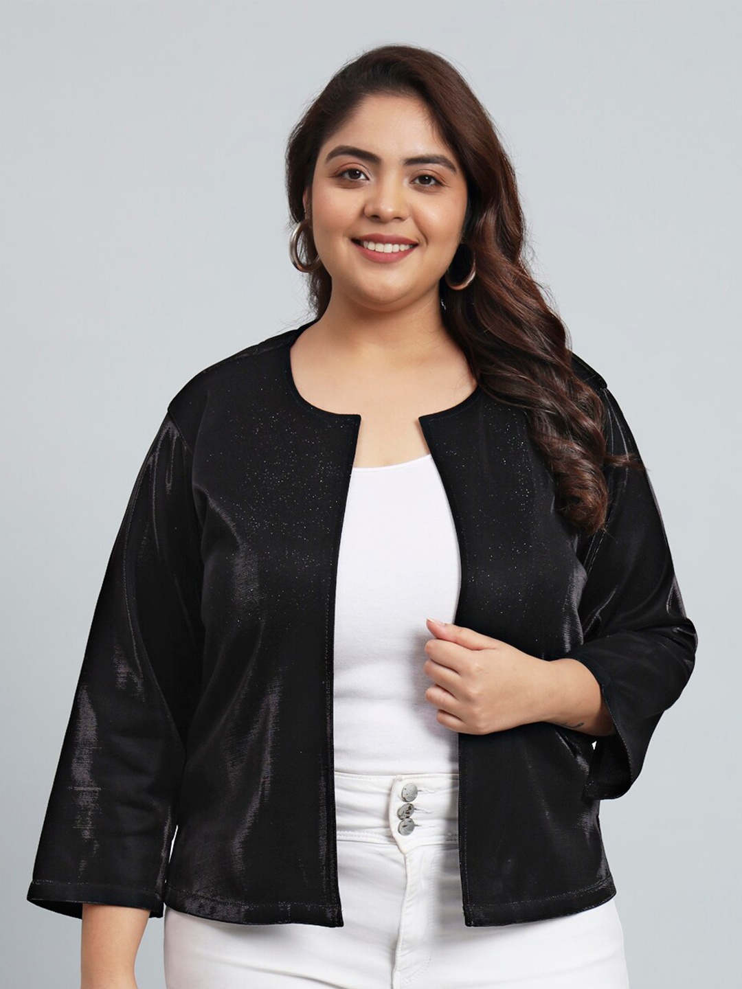 

urSense Plus Size Open Front Shrug, Black