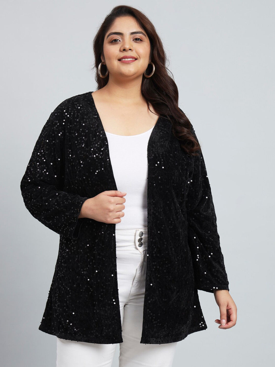 

urSense Plus Size Embellished Longline Open Front Shrug, Black