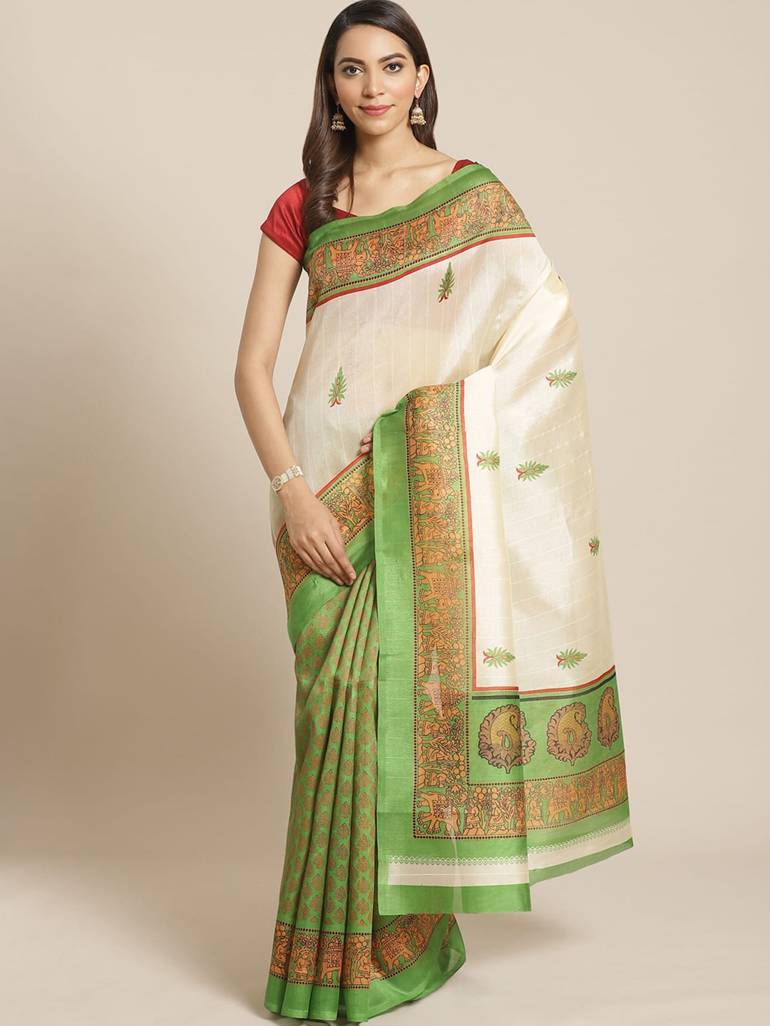 

Grubstaker Ethnic Motifs Printed Art Silk Saree, Off white