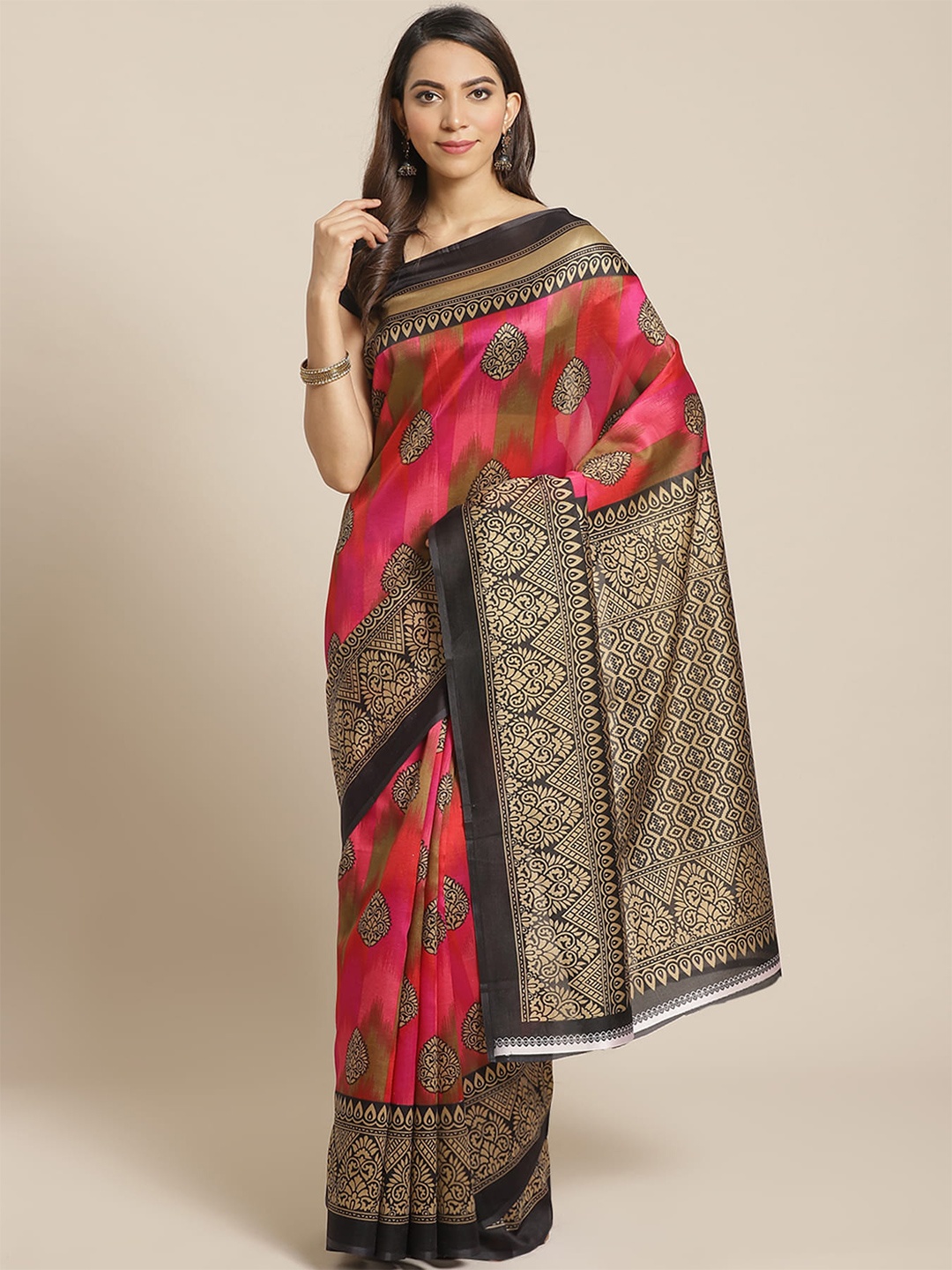 

Grubstaker Ethnic Motifs Printed Banarasi Saree, Pink