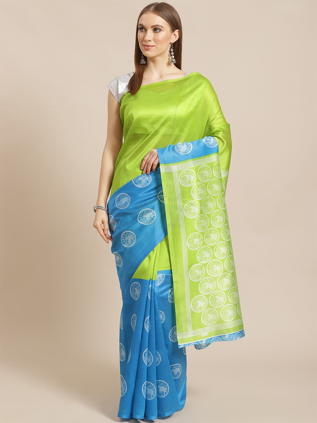 

Grubstaker Ethnic Motifs Printed Banarasi Saree, Green