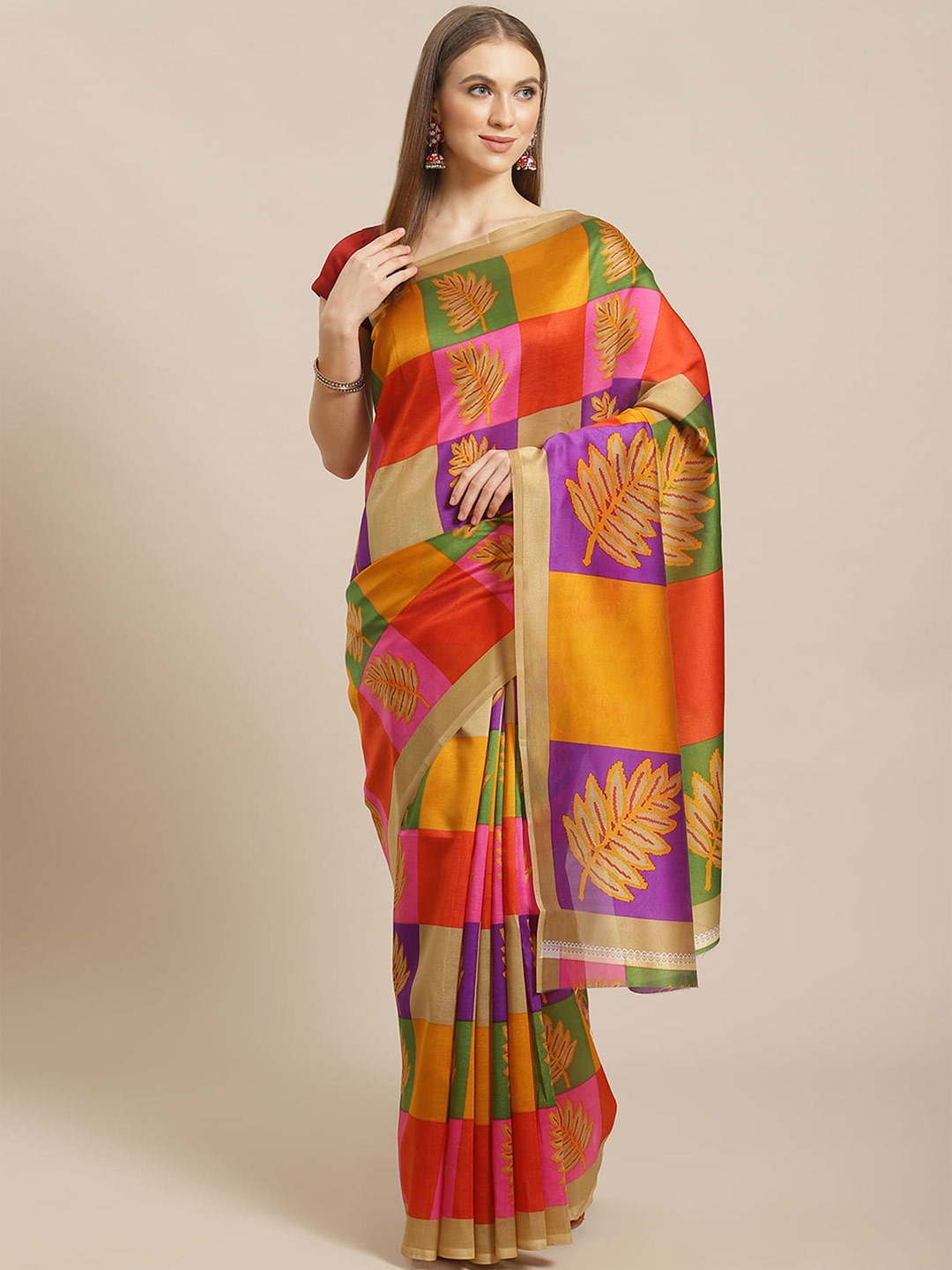 

Grubstaker Floral Printed Art Silk Saree, Red