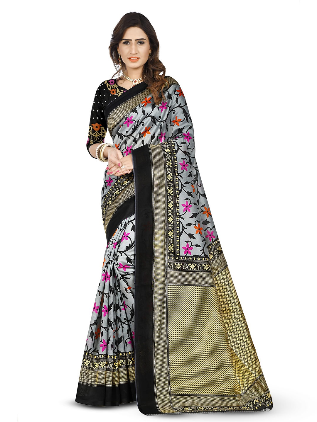 

Grubstaker Ethnic Motifs Printed Banarasi Saree, Grey