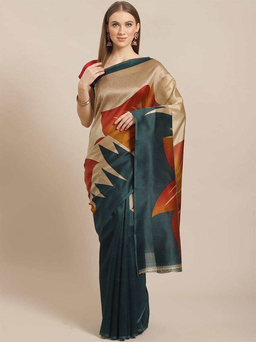 

Grubstaker Floral Printed Banarasi Saree, Tan