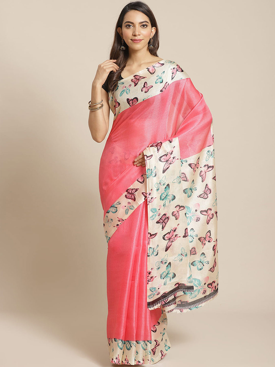 

Grubstaker Conversational Printed Border Detail Banarasi Saree, Pink