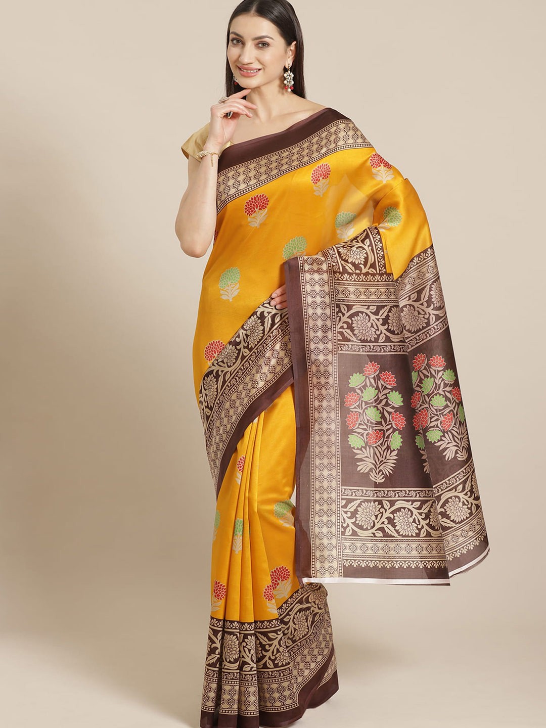 

Grubstaker Ethnic Motifs Printed Art Silk Saree, Yellow