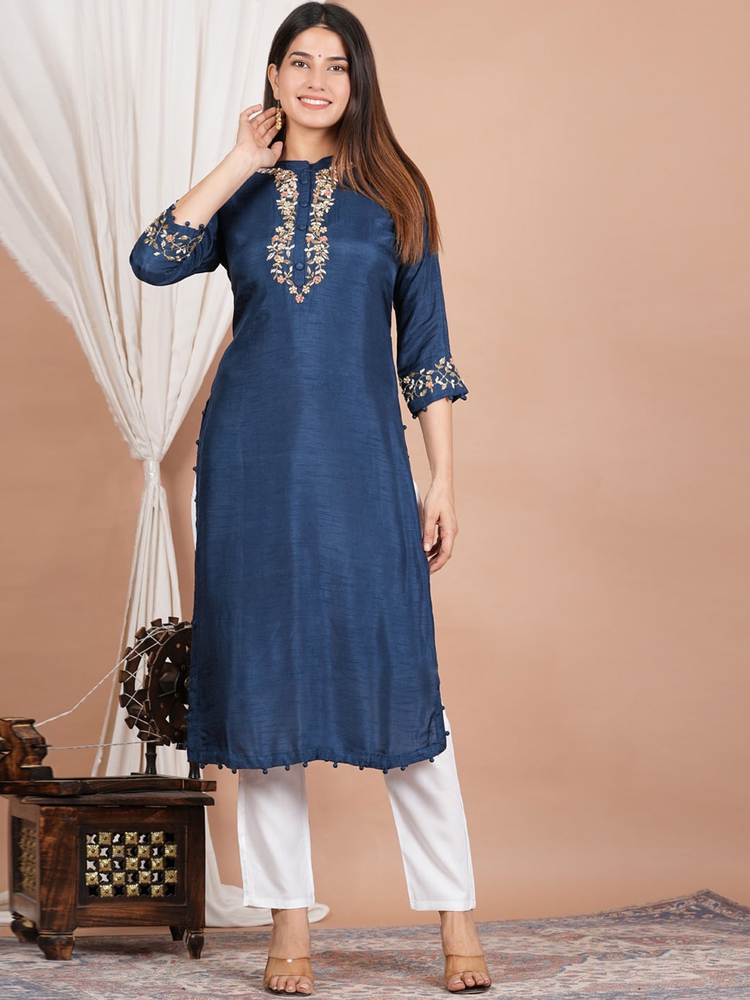 

YASH GALLERY Yoke Design Beads & Stones Chanderi Cotton Kurta, Blue