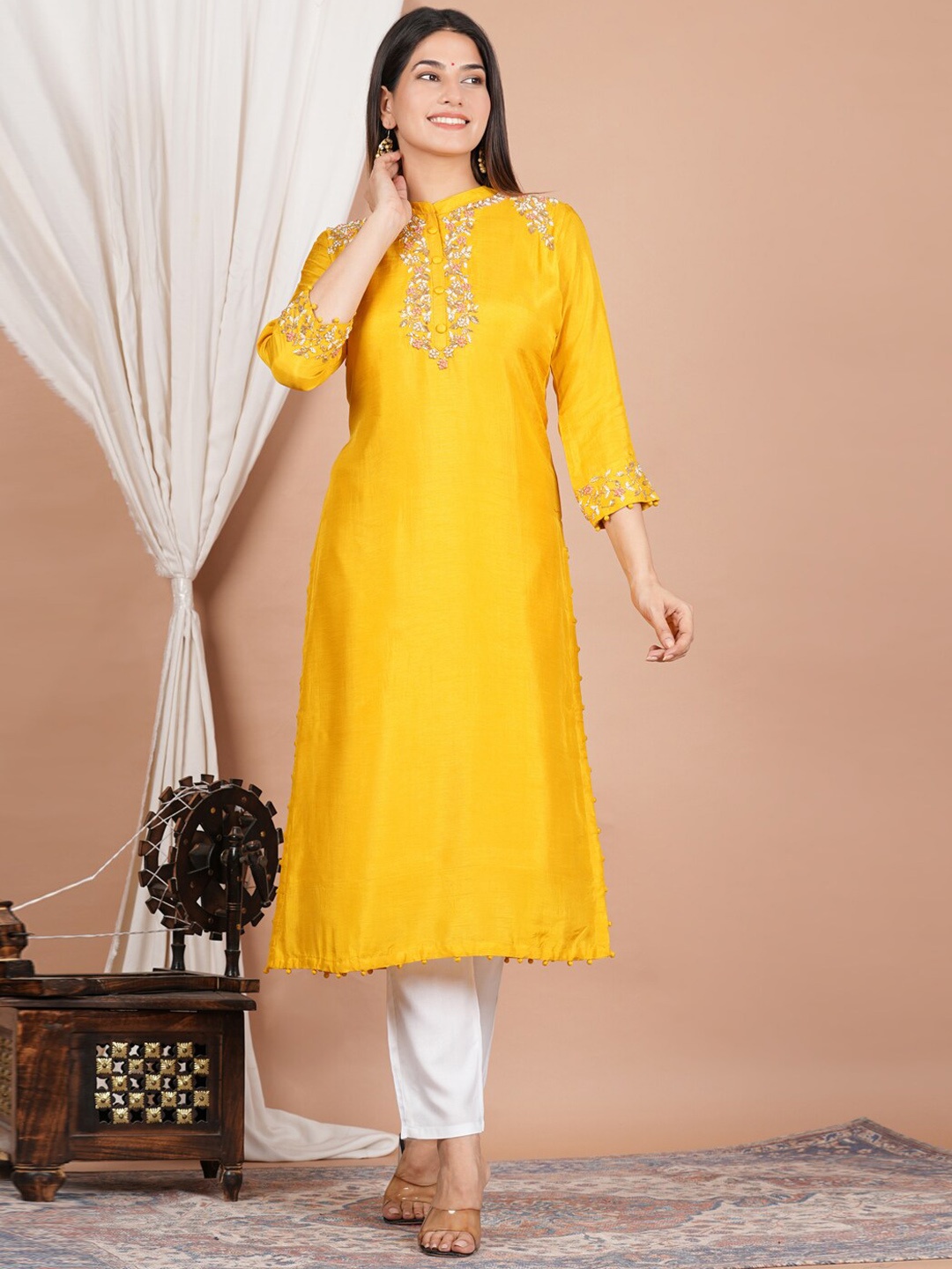 

YASH GALLERY Yoke Design Embroidered Chanderi Cotton Straight Kurta, Yellow