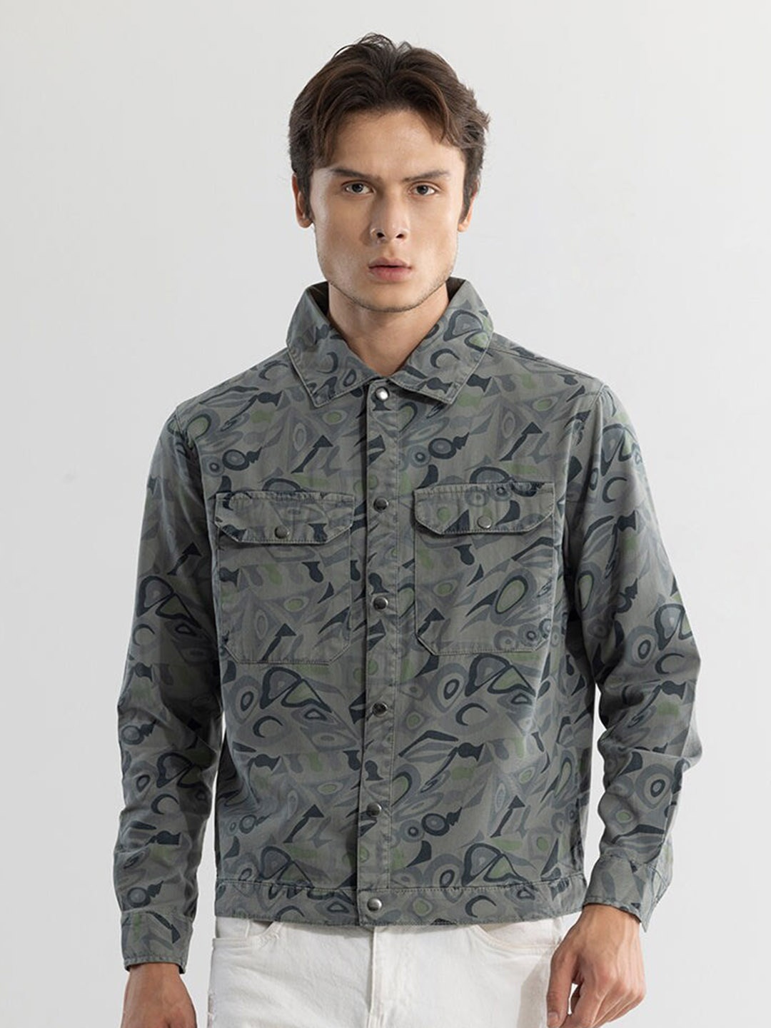 

Snitch Grey Printed Cotton Classic Opaque Casual Shirt