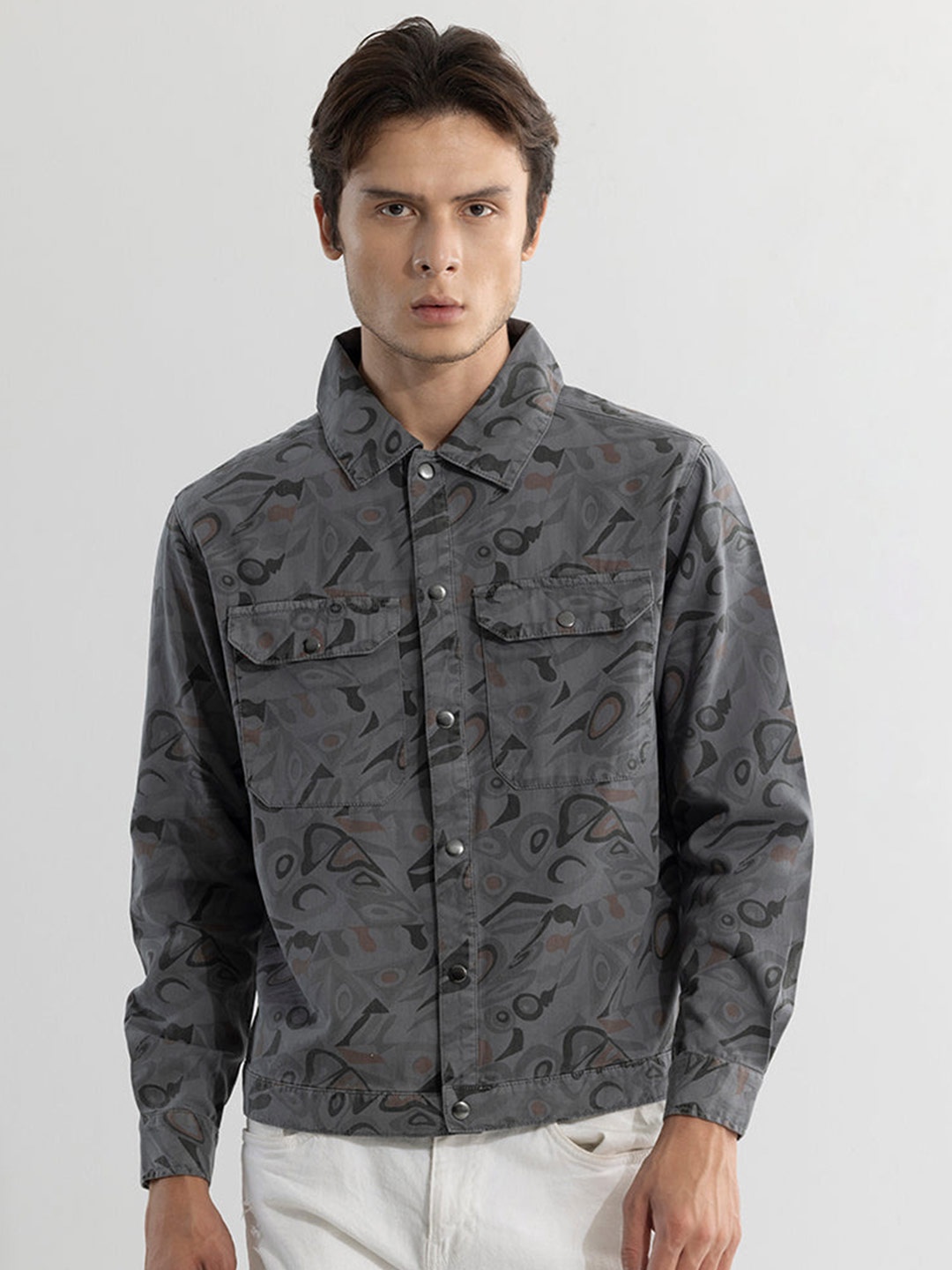 

Snitch Grey Classic Abstract Printed Pure Cotton Casual Shirt