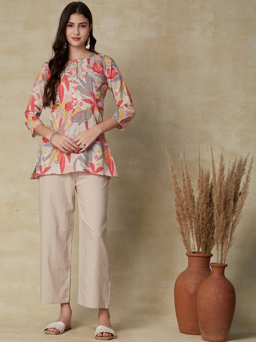 

FASHOR Floral Printed Round Neck Top With Trouser, Beige