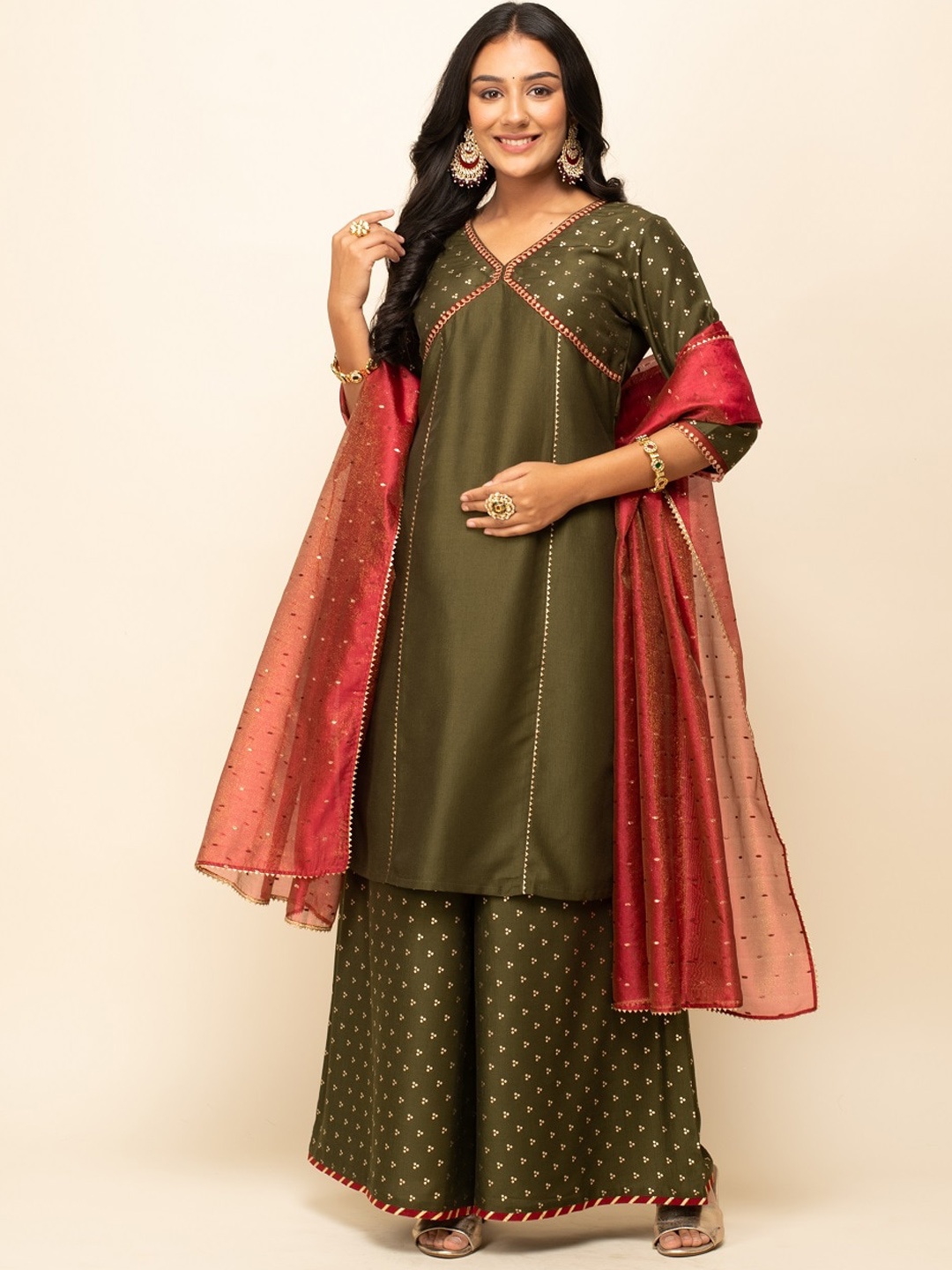 

FIORRA Ethnic Motifs Printed V-Neck Zari Detail Empire Kurta With Palazzos & Dupatta, Green