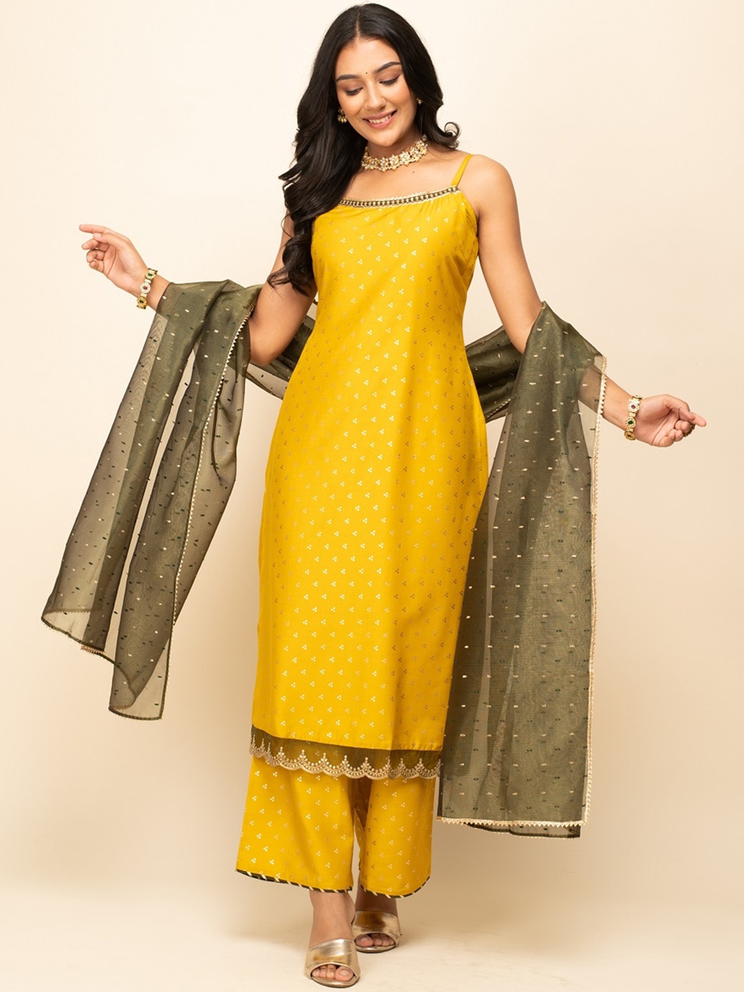 

FIORRA Ethnic Motifs Printed Shoulder Straps Zari Straight Kurta With Palazzos & Dupatta, Yellow