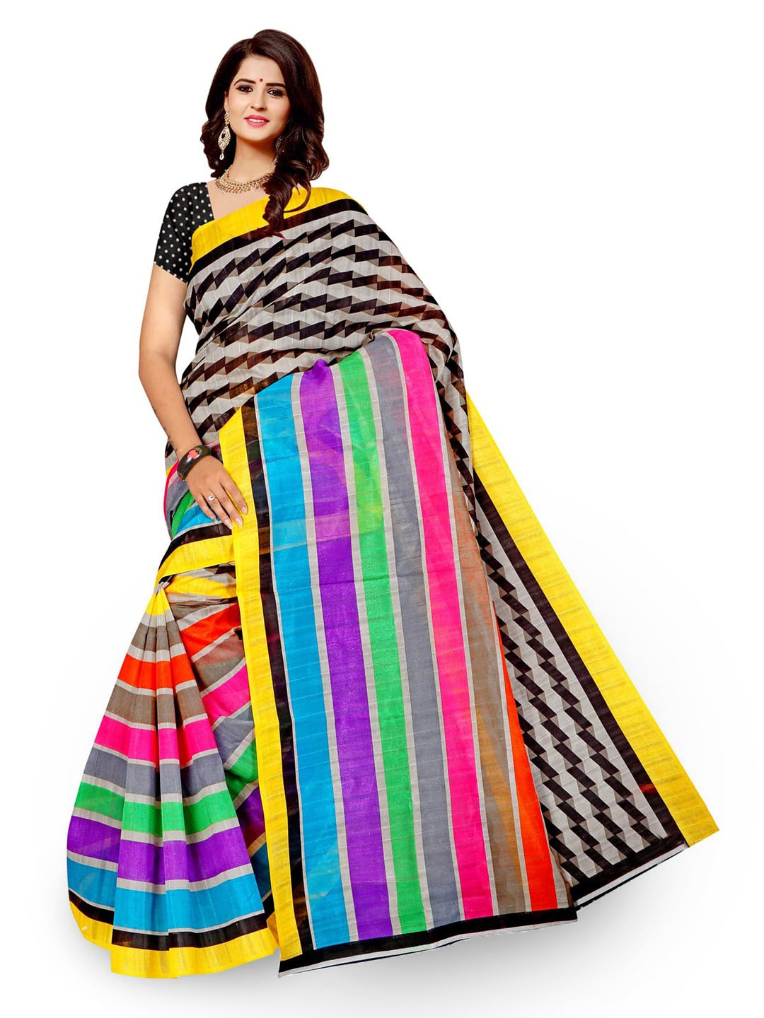

Mitera Black Striped Printed Saree