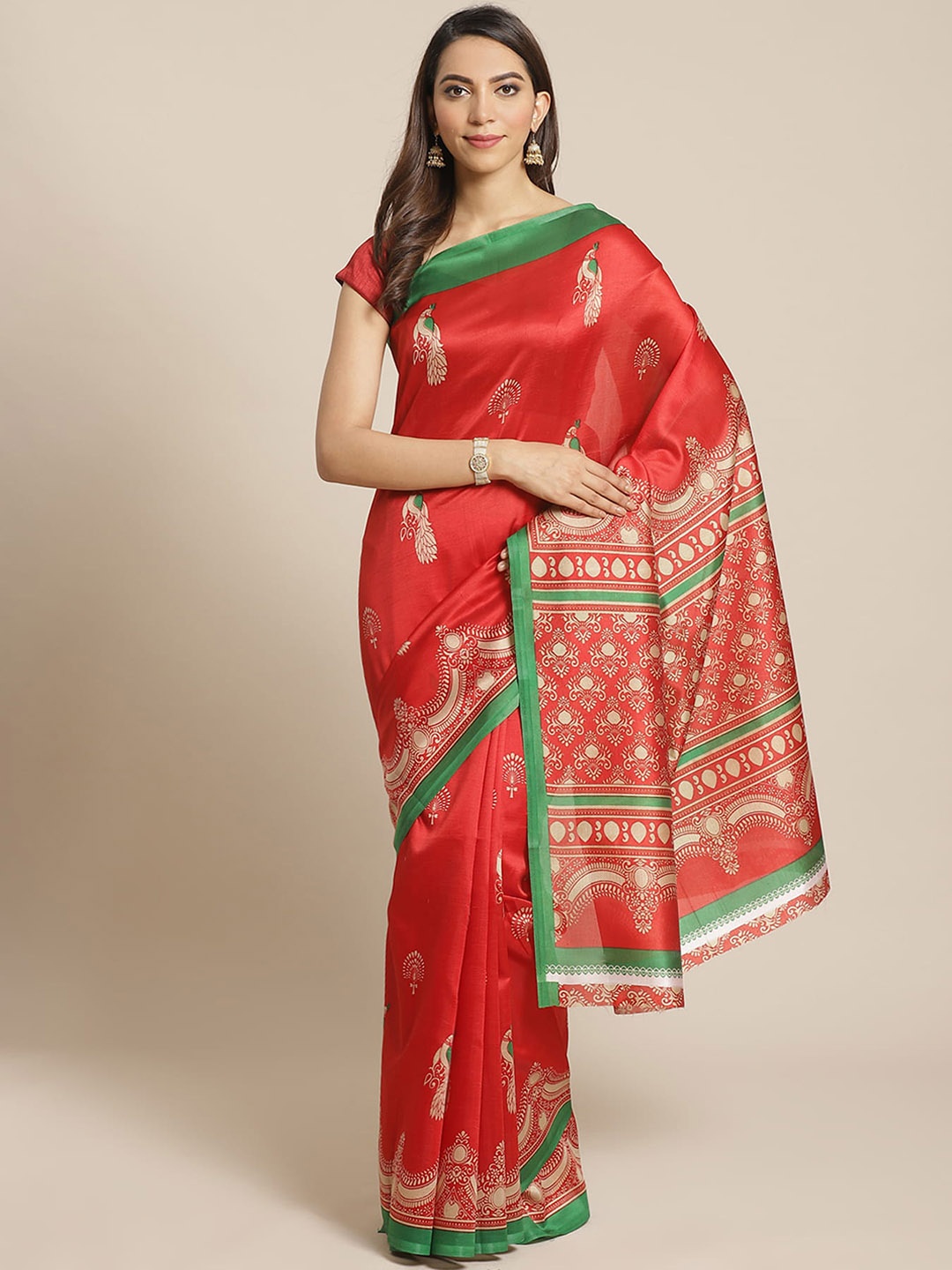 

Mitera Ethnic Motifs Printed Banarasi Saree, Red