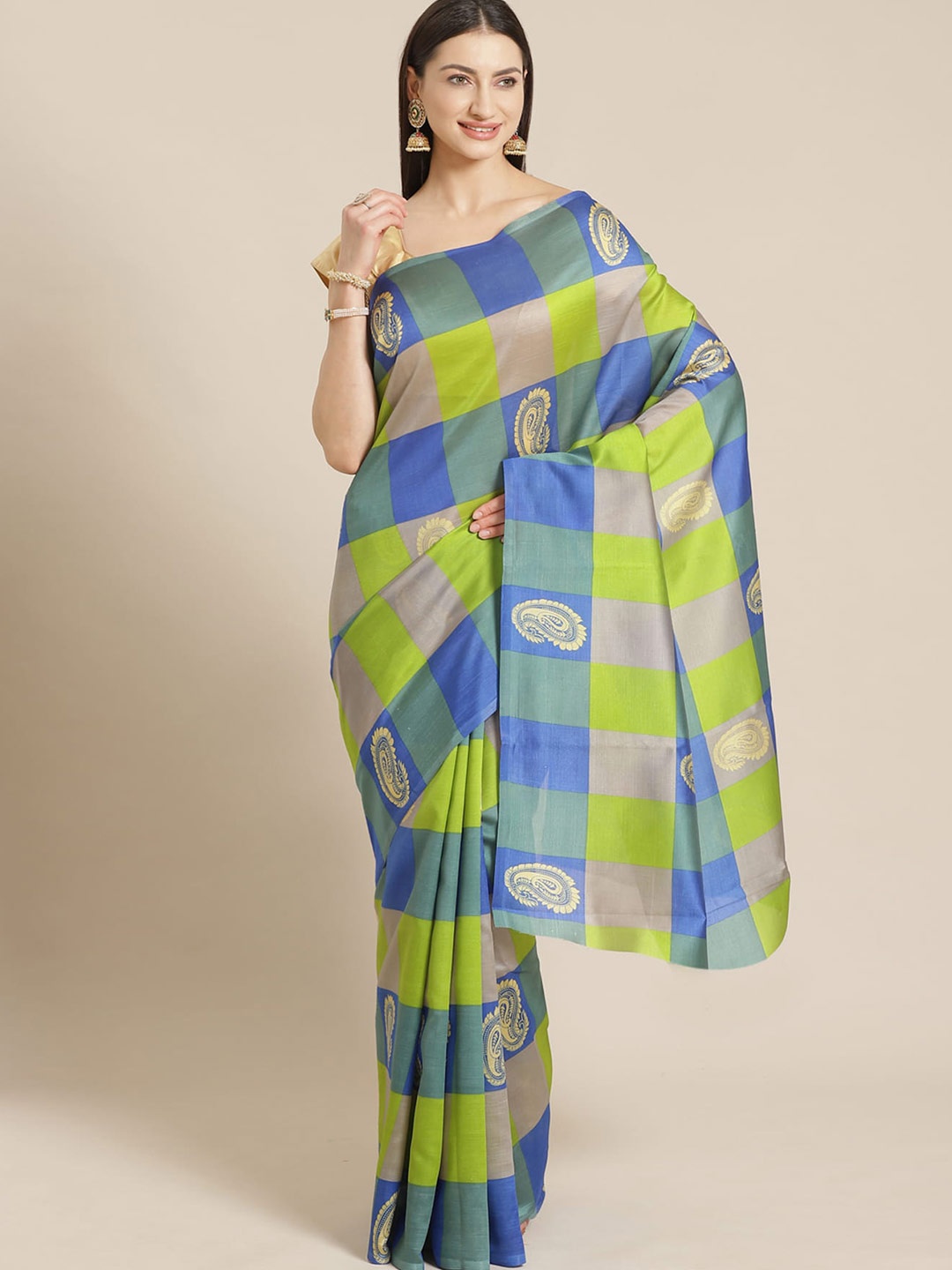 

Mitera Checked Art Silk Saree, Green