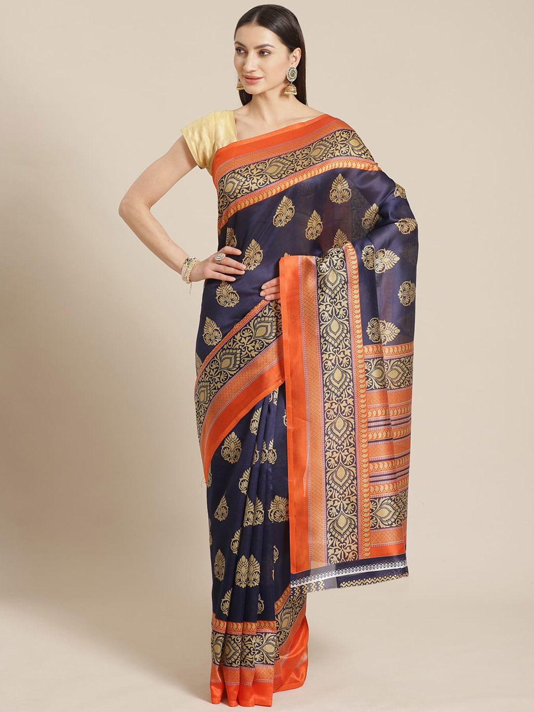 

Mitera Navy blue & Orange Ethnic Motifs Printed Banarasi Saree