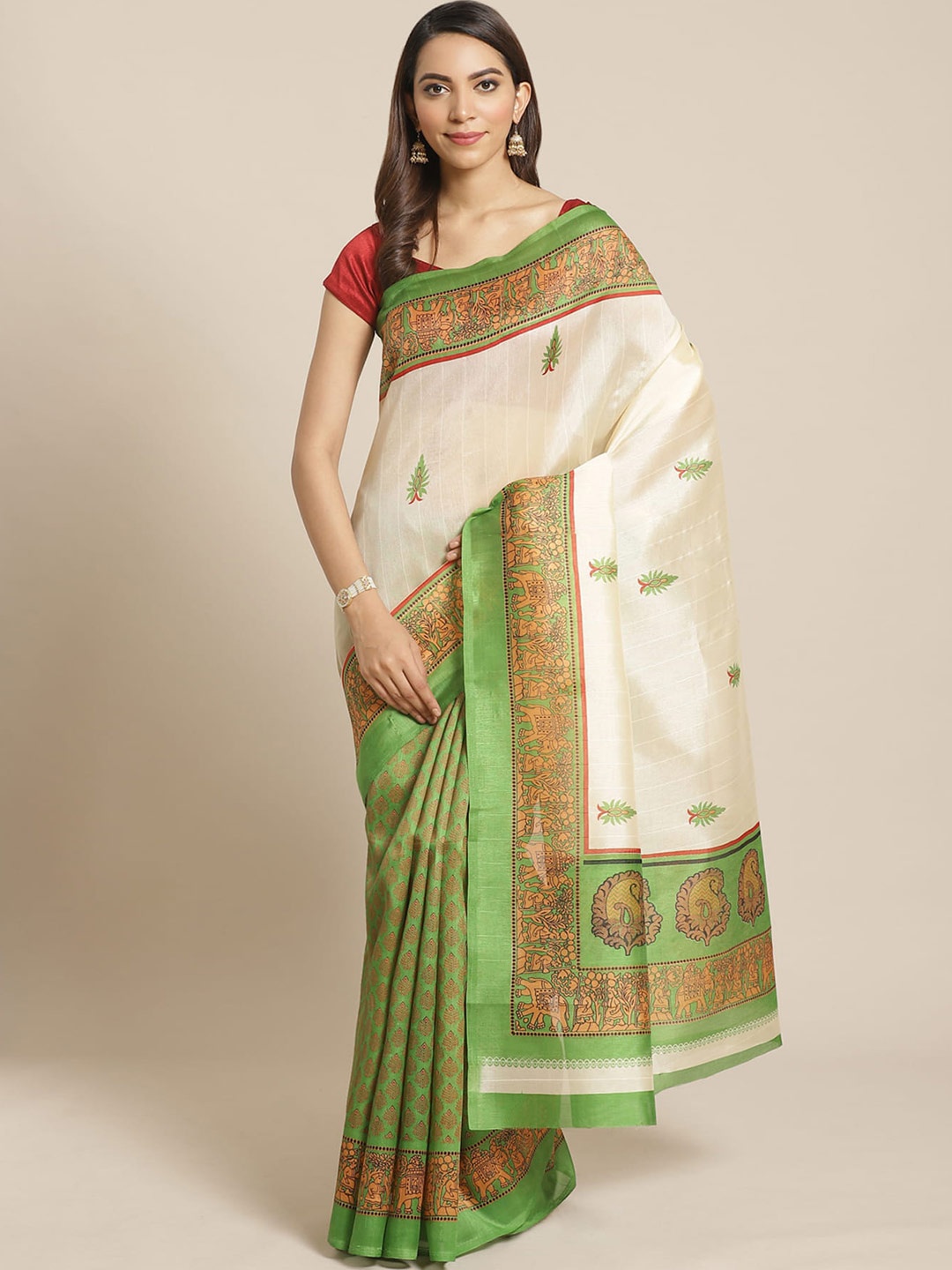 

Mitera Ethnic Motifs Printed Banarasi Saree, Green