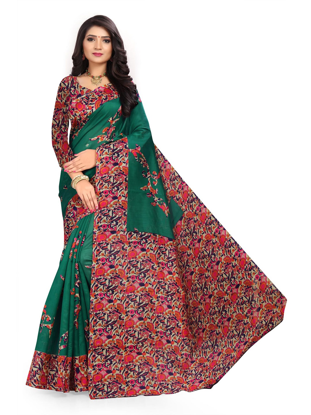 

Mitera Green & Pink Floral Printed Saree