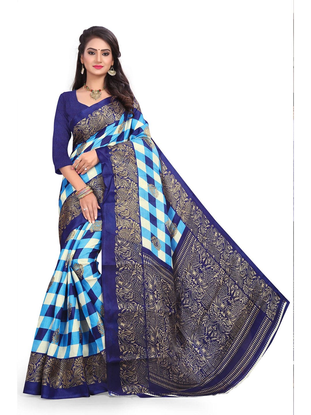 

Mitera Blue & White Checked Zari Saree