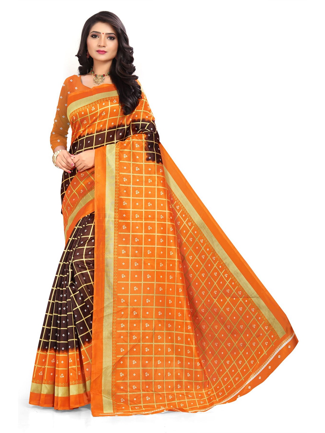 

Mitera Brown & Orange Bandhani Printed Zari Banarasi Saree