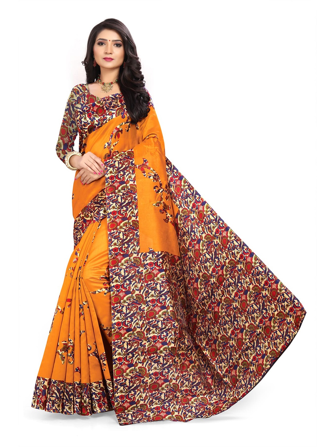 

Mitera Yellow Floral Printed Banarasi Saree