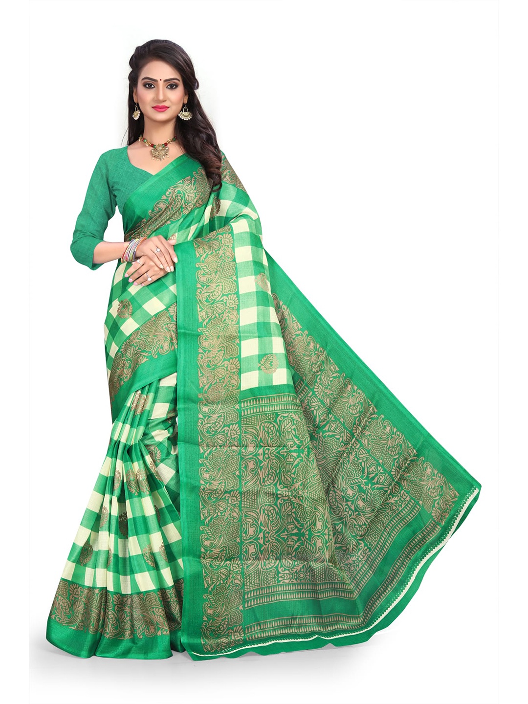

Mitera Green & Gold-Toned Ethnic Motifs Printed Saree