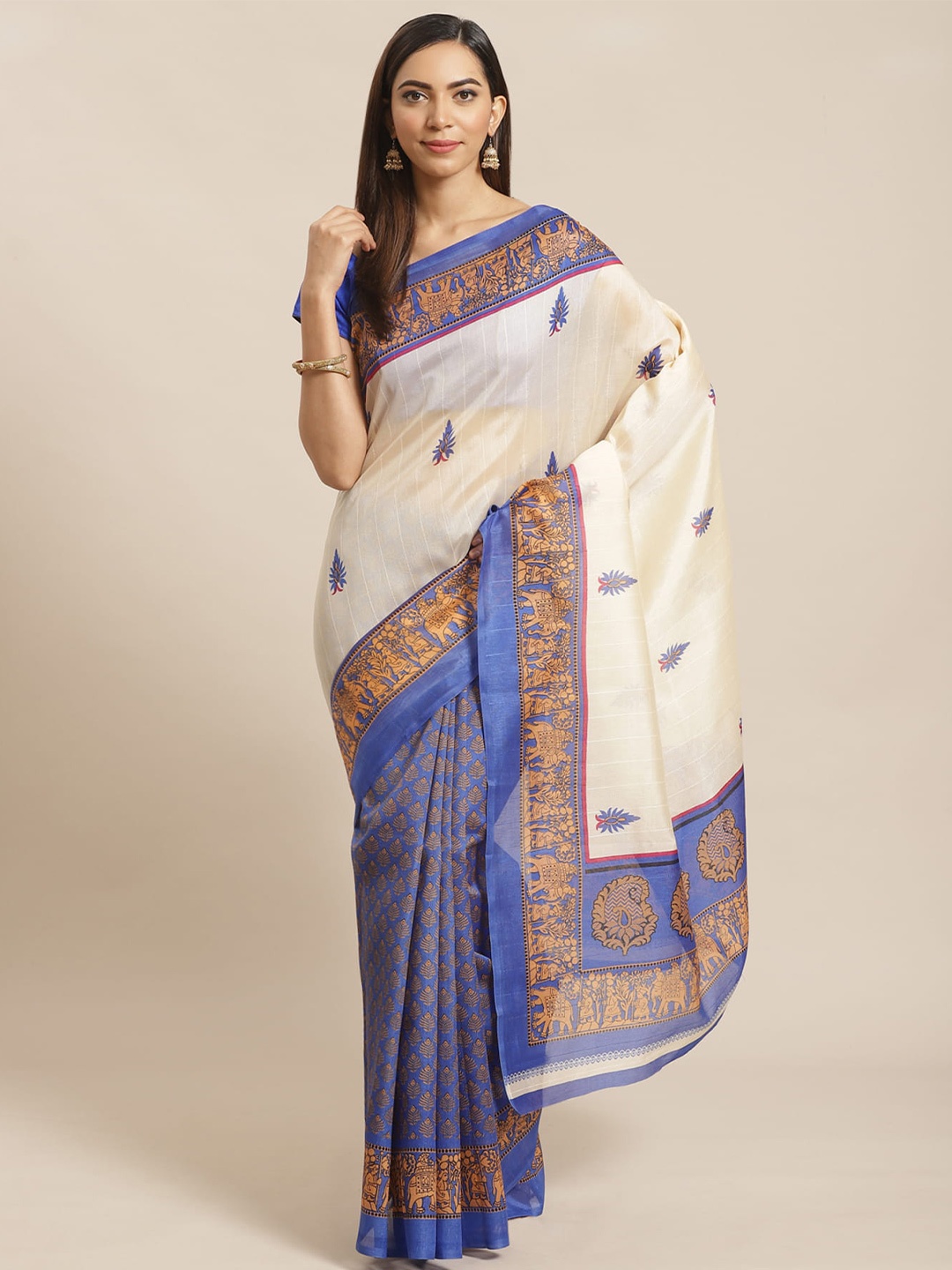 

Mitera Blue & Off White Paisley Printed Banarasi Saree