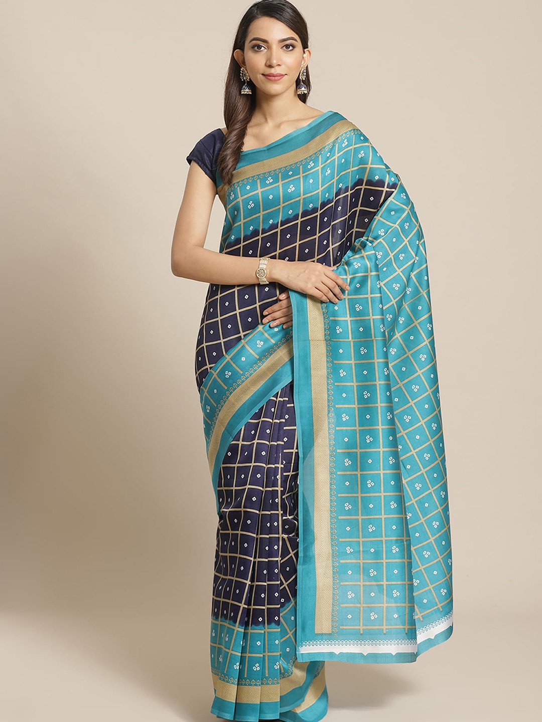 

Mitera Blue & White Bandhani Printed Banarasi Saree